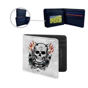 Men Bifold Wallet PU Leather Printed Skull Flame Pattern Multi Card Slots ID Window Short Purse For Daily Use Cool Style