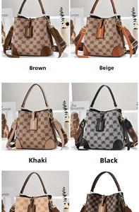 Collage of six stylish patterned bucket bags with top handles and adjustable shoulder straps
