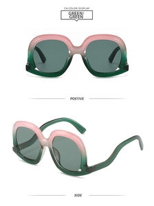 Detailed front and side views of oversized pink and green gradient lenses sunglasses