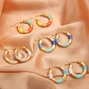 Gold-plated stainless steel bamboo hoop earrings with colorful enamel dripping finish