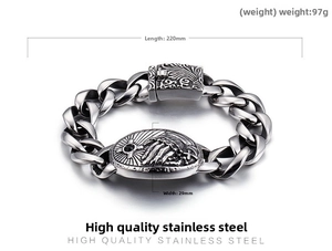 Macro view of vintage cross and skull engraving on a thick stainless steel chain bracelet