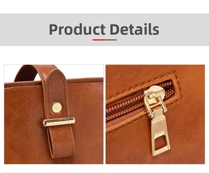 Close-up of golden metal buckle and zipper detail on brown textured leather bag