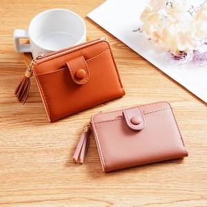 Minimalist PU leather square wallet for women with tassel zipper in orange and pink