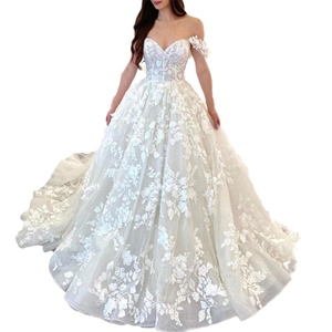 Elegant off-shoulder bridal gown with luxury lace appliques and ball gown silhouette