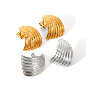 Minimalist fan-shaped striped titanium steel stud earrings in gold and silver finish