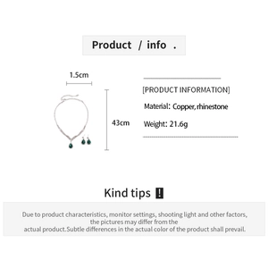 Technical specs of silver necklace set with green teardrop stones and rhinestone details