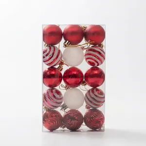 Set of 15 red and white Christmas tree ornaments in various finishes with storage box