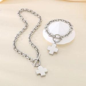 Stainless steel cross pendant necklace and bracelet set with OT clasp in silver finish