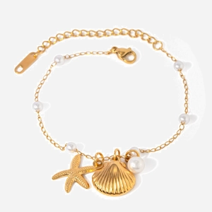 18K Gold Plated Stainless Steel Artificial Pearl Bracelet Necklace Sea Shell Starfish Pendant Ocean Style Jewelry Women