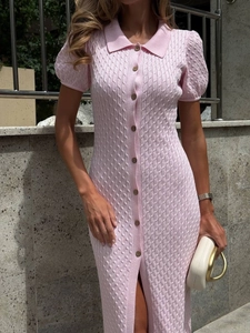 French Style Ribbed Knit Maxi Dress Short Puff Sleeve Polo Collar Single Breasted Solid Color Slim Fit Elegant