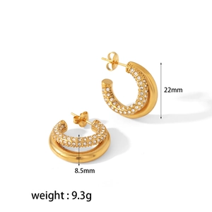 Gold stainless steel C-shape twisted earrings with crystals, 22mm height and 9.3g weight