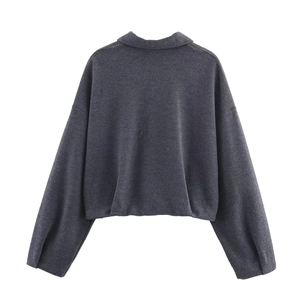 Women's dark gray long-sleeve knit polo shirt with back view on a white background