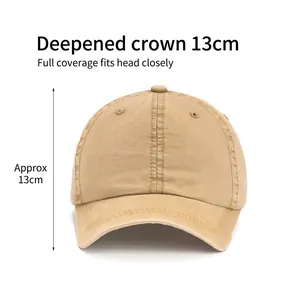 Short brim baseball cap in khaki washed cotton with 13cm deep fit and six-panel design