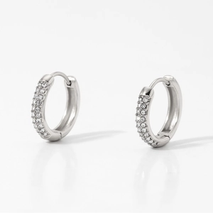 Macro view of silver stainless steel hoop earrings with tiny clear zircon crystals
