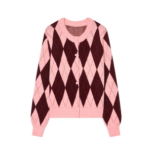 Argyle Knit Cardigan Sweater Vintage Preppy Style Pink Pattern Button Down Long Sleeve Round Neck Polyester For Women