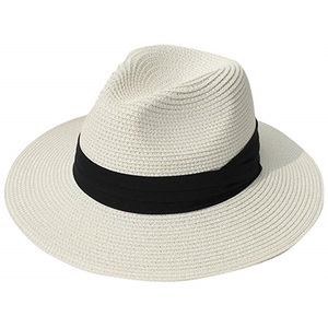 Classic cream straw sun hat with black ribbon, foldable wide brim for summer beach style