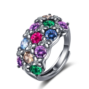 Fashion Copper Multi Color Rhinestone Flower Adjustable Open Ring For Women Black Gold Silver Plated Elegant Cluster Hand Jewelry