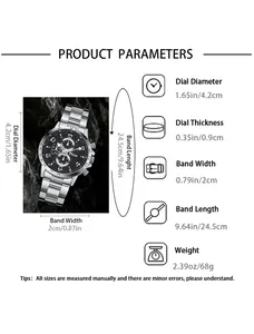 Detailed size specifications and parameters for men's business steel band quartz watch