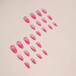French gradient rose red almond press-on nails with glitter finish, 24-piece full set