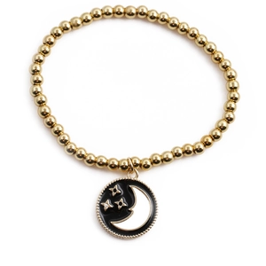 Bracelet à perles plaqué or avec pendentif en émail noir orné d'une lune et d'étoiles