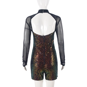Vue arrière d'un body dos nu avec sequins irisés et manches longues en résille noire