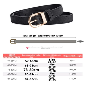 Size chart for women's matte PU leather belt showing lengths from 95cm to 115cm