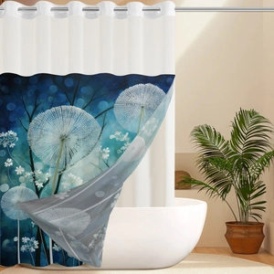 Detail of blue dandelion print shower curtain with durable silver metal grommets for hanging