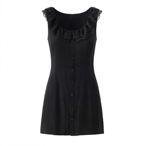 Women's black sleeveless dress with lace ruffles and front button detail on white background
