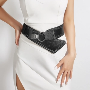 Large ceinture élastique noire pour femme avec anneau argenté et rivets punk
