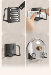 Detail guide showing no-drill wall installation steps for a metal pot lid storage rack