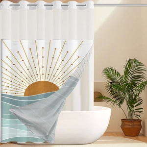 Detail of waffle weave shower curtain featuring sunrise wave prints and metal grommets