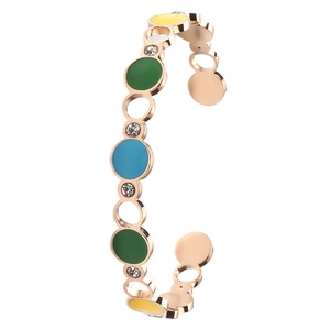Colorful C-shaped stainless steel cuff with rainbow enamel rings and sparkling crystals