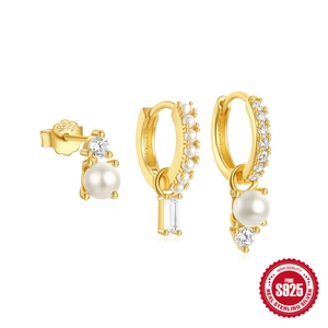Three-piece S925 sterling silver star and moon earring set with pearls and zircons