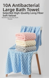 Close-up of thick cloud-grid coral fleece bath towels in blue pink beige and grey