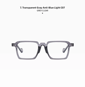 Detail of transparent grey square frames with anti-blue light lenses and side silver studs