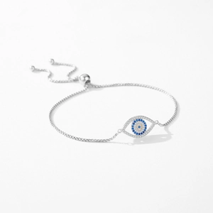 Elegant S925 sterling silver evil eye bracelet with blue and white cubic zirconia stones