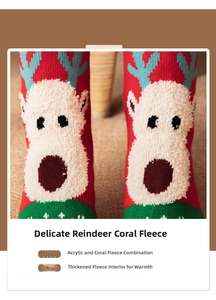 Close-up of thick plush fleece lining and knitted texture of 3D reindeer Christmas socks