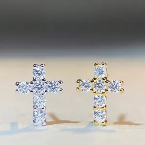 Hip Hop Moissanite Cross Stud Earrings 925 Sterling Silver Gold Plated Iced Out Cross Studs For Men Women Fashion Jewelry