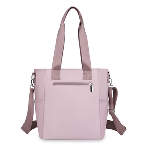 Detail of pink nylon shoulder bag featuring dual handles and a silver-tone rear zipper pocket