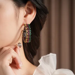 Vintage style gunmetal hoop earrings with three rows of colorful zircon stones