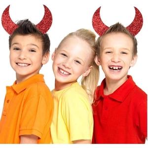 Three kids wearing red glitter devil horn headbands for Halloween party and cosplay