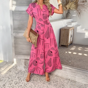 Women Short Sleeve V Neck Wide Leg Jumpsuit Polyester Abstract Print High Waist Casual Vacation Resort Jumpsuit