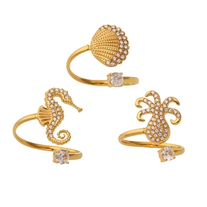 18k gold plated stainless steel ocean rings featuring seahorse and shell with 5A zircon