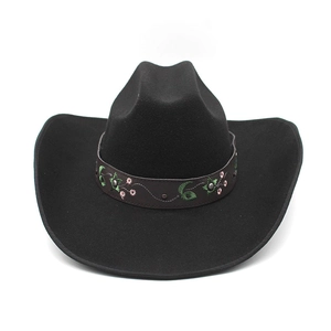 Classic black wool felt jazz fedora hat with floral embroidery and metallic studs