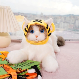 Detail of plush cat toy wearing a yellow tiger hat in a cozy indoor setting