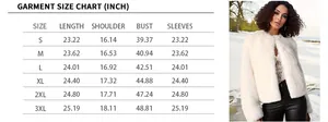 Detailed size guide in inches for the short faux fur round neck coat in sizes S to 3XL