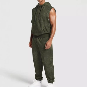 Ensemble sweat à capuche sans manches et jogging olive pour homme avec motif floral chiné