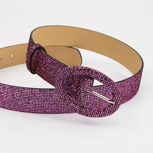 Sparkling pink rhinestone belt with oval buckle and glitter finish for women's jeans