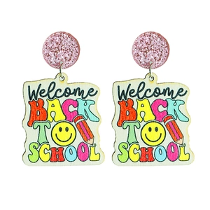 Welcome Back to School pink glitter studs and wooden pencil school bus drop earrings