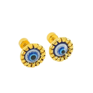 Retro titanium steel Evil Eye stud earrings with gold plating and blue enamel inlay